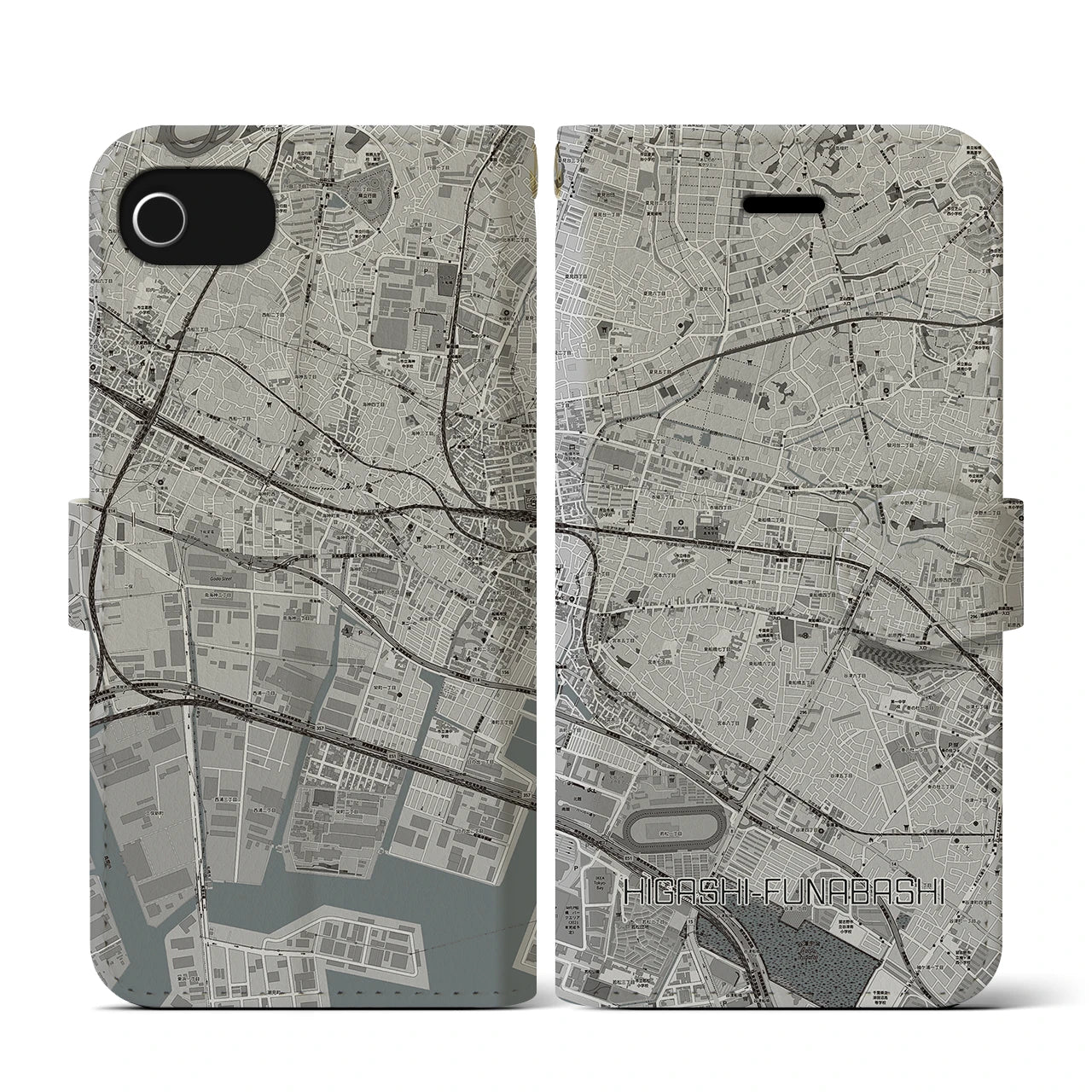【東船橋(千葉県)】地図柄iPhoneケース(手帳タイプ)モノトーン・iPhone SE(第3 / 第2世代) / 8 / 7 / 6s / 6 用