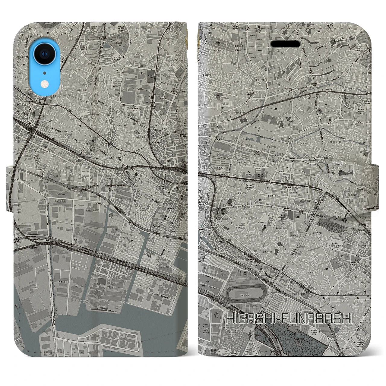 【東船橋(千葉県)】地図柄iPhoneケース(手帳タイプ)モノトーン・iPhone XR 用