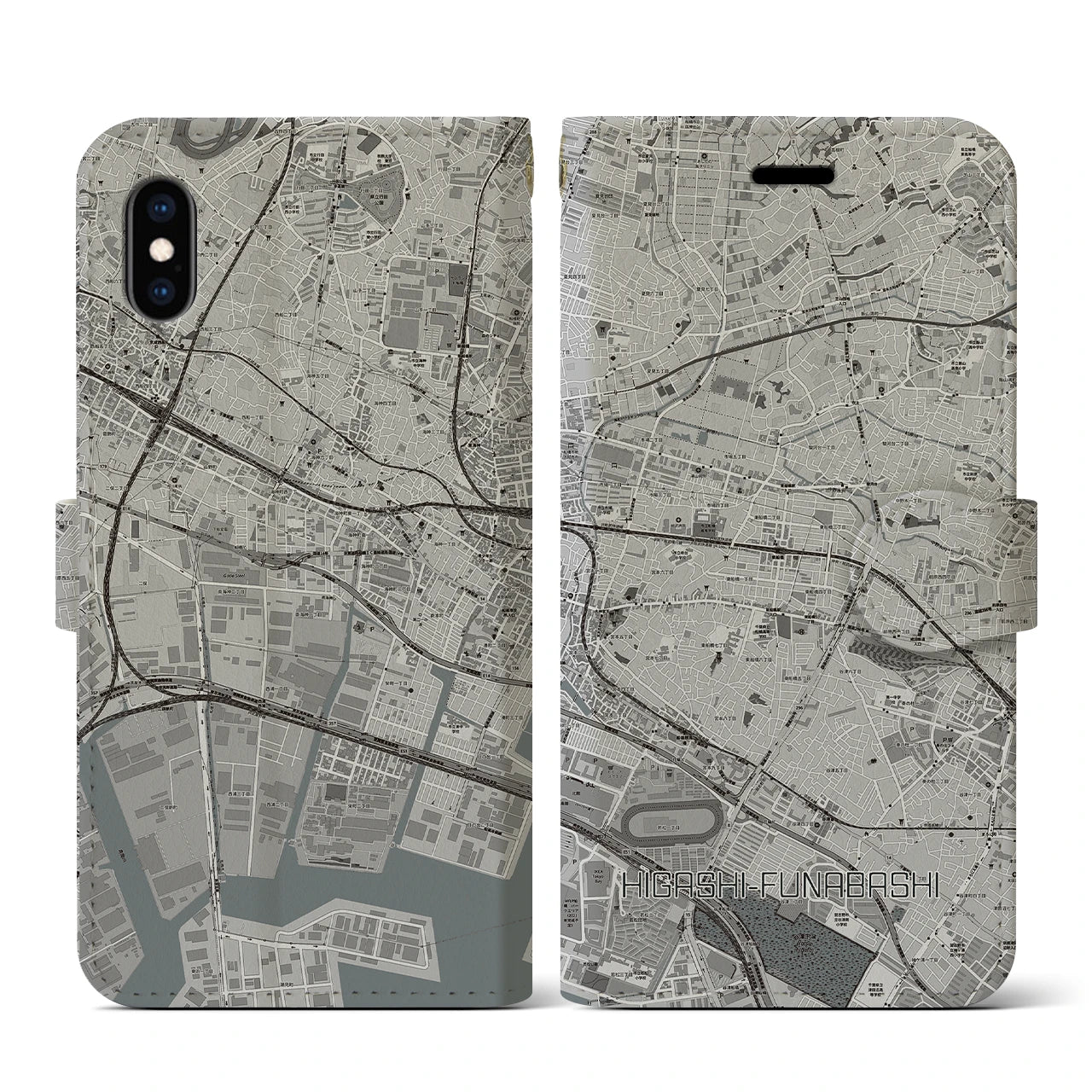 【東船橋(千葉県)】地図柄iPhoneケース(手帳タイプ)モノトーン・iPhone XS / X 用