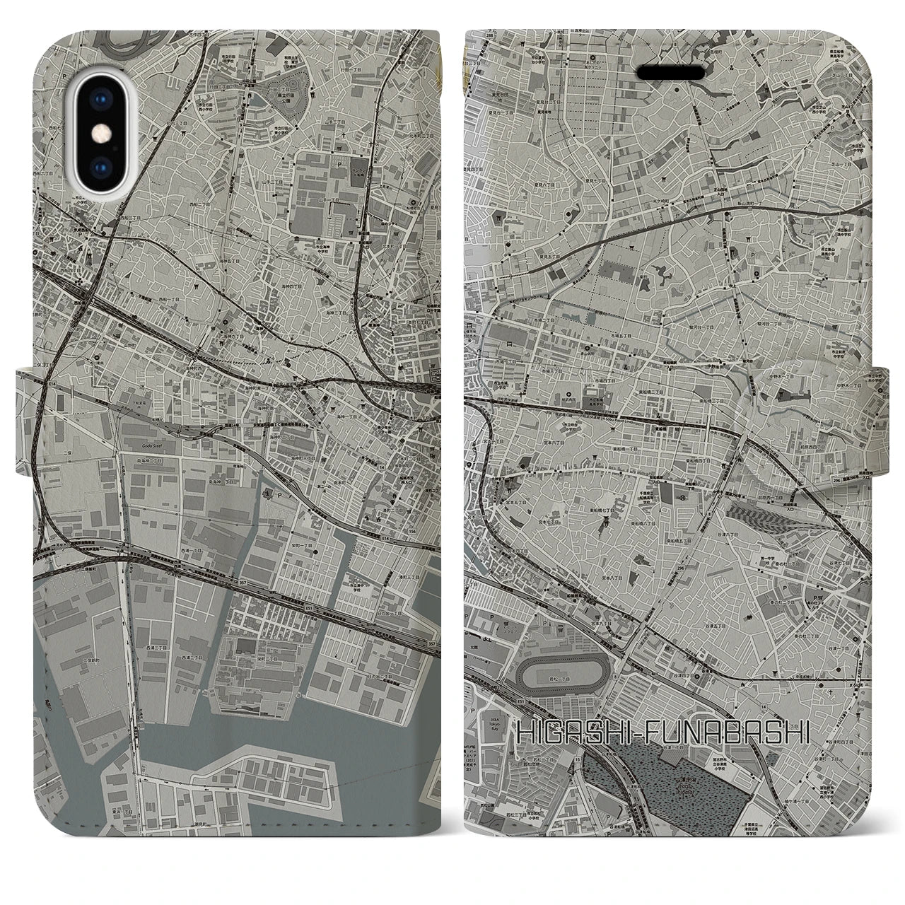 【東船橋(千葉県)】地図柄iPhoneケース(手帳タイプ)モノトーン・iPhone XS Max 用