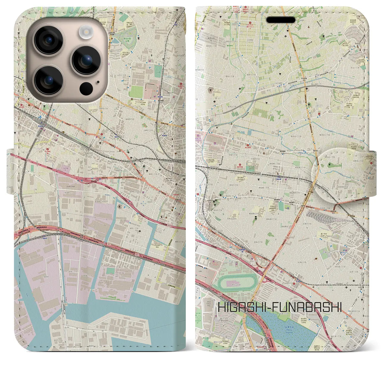 【東船橋(千葉県)】地図柄iPhoneケース(手帳タイプ)ナチュラル・iPhone 16 Plus 用
