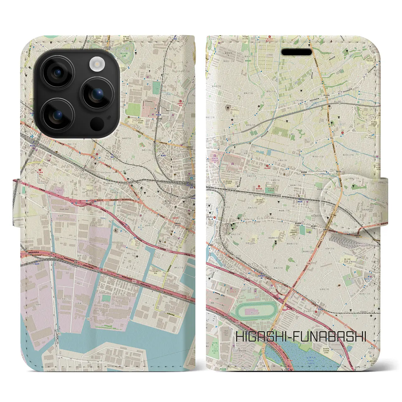 【東船橋(千葉県)】地図柄iPhoneケース(手帳タイプ)ナチュラル・iPhone 16 用