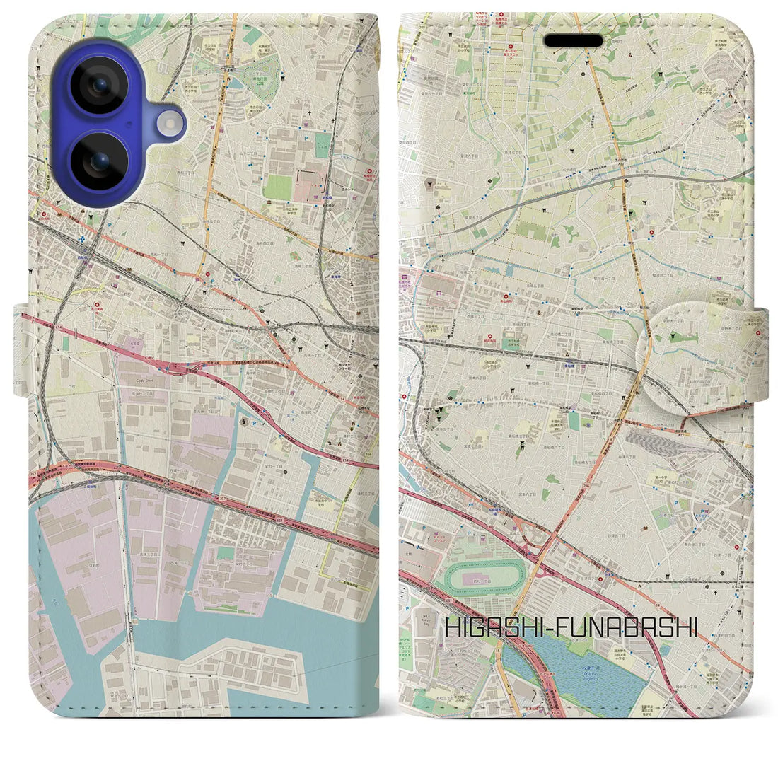 【東船橋(千葉県)】地図柄iPhoneケース(手帳タイプ)ナチュラル・iPhone 16 Pro Max 用