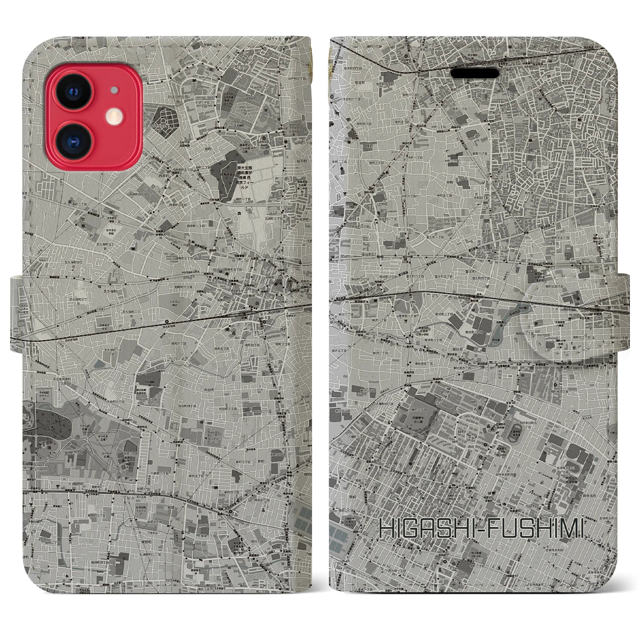 【東伏見(東京都)】地図柄iPhoneケース(手帳タイプ)モノトーン・iPhone 11 用