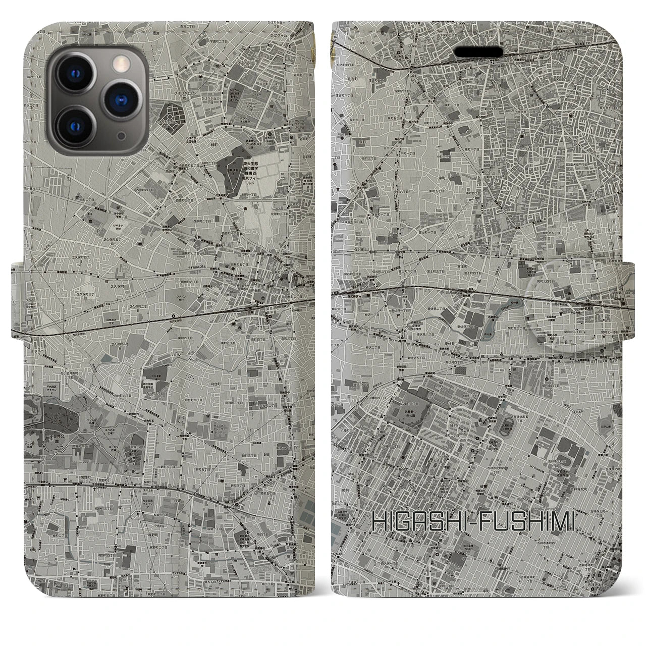 【東伏見(東京都)】地図柄iPhoneケース(手帳タイプ)モノトーン・iPhone 11 Pro Max 用