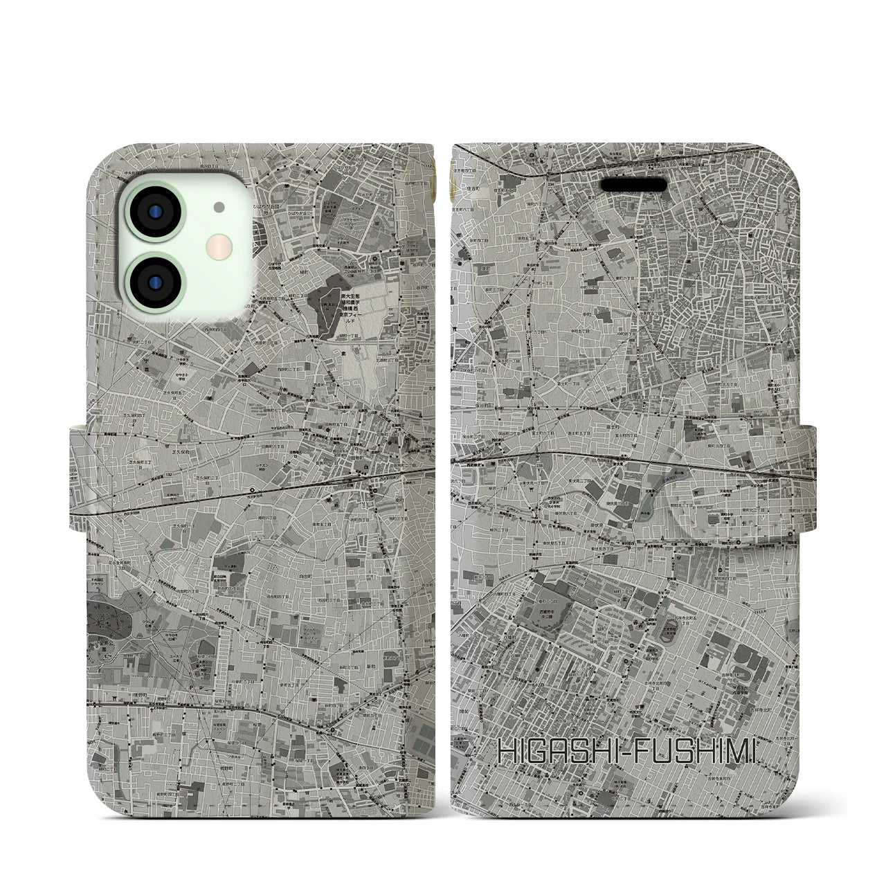 【東伏見(東京都)】地図柄iPhoneケース(手帳タイプ)モノトーン・iPhone 12 mini 用