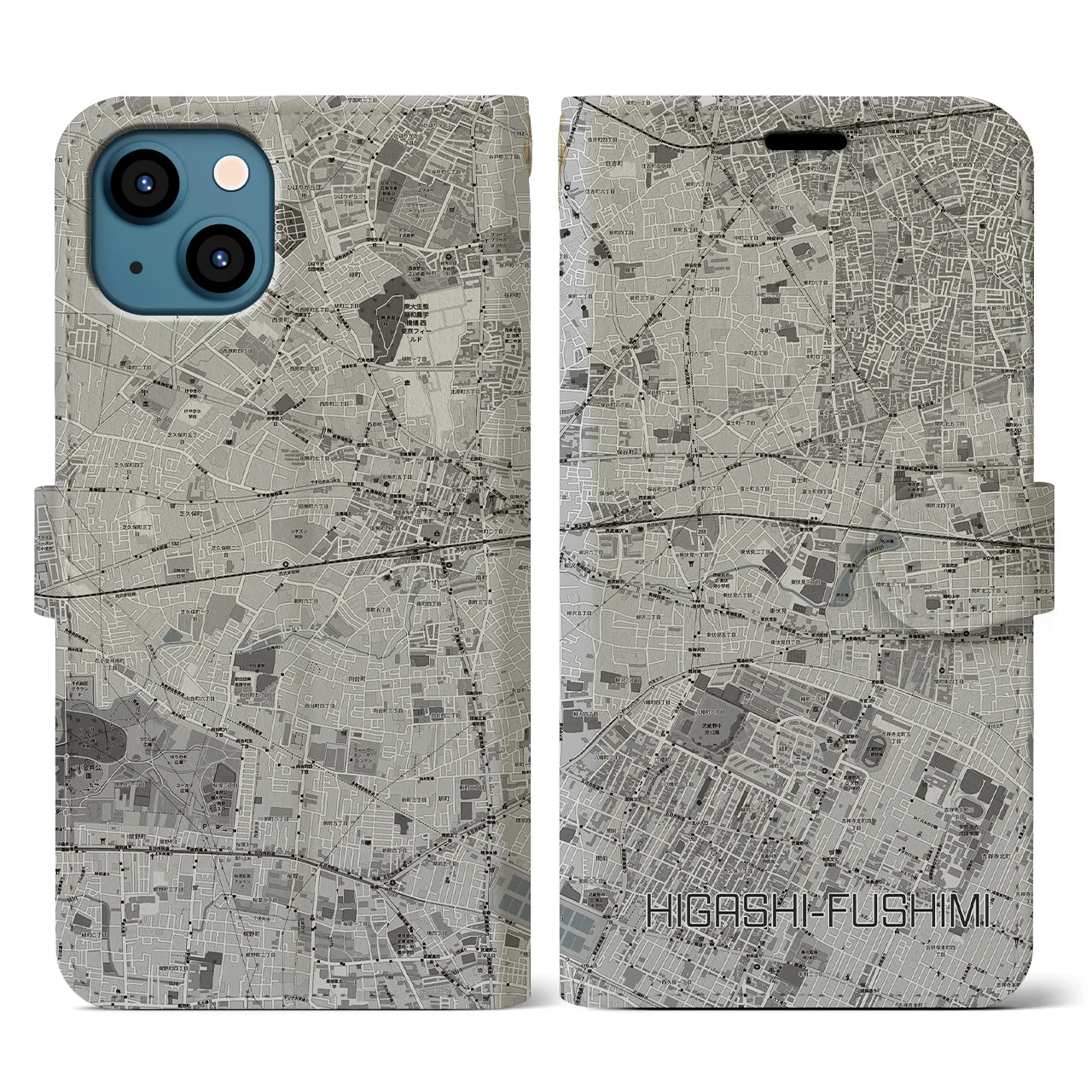 【東伏見(東京都)】地図柄iPhoneケース(手帳タイプ)モノトーン・iPhone 13 用