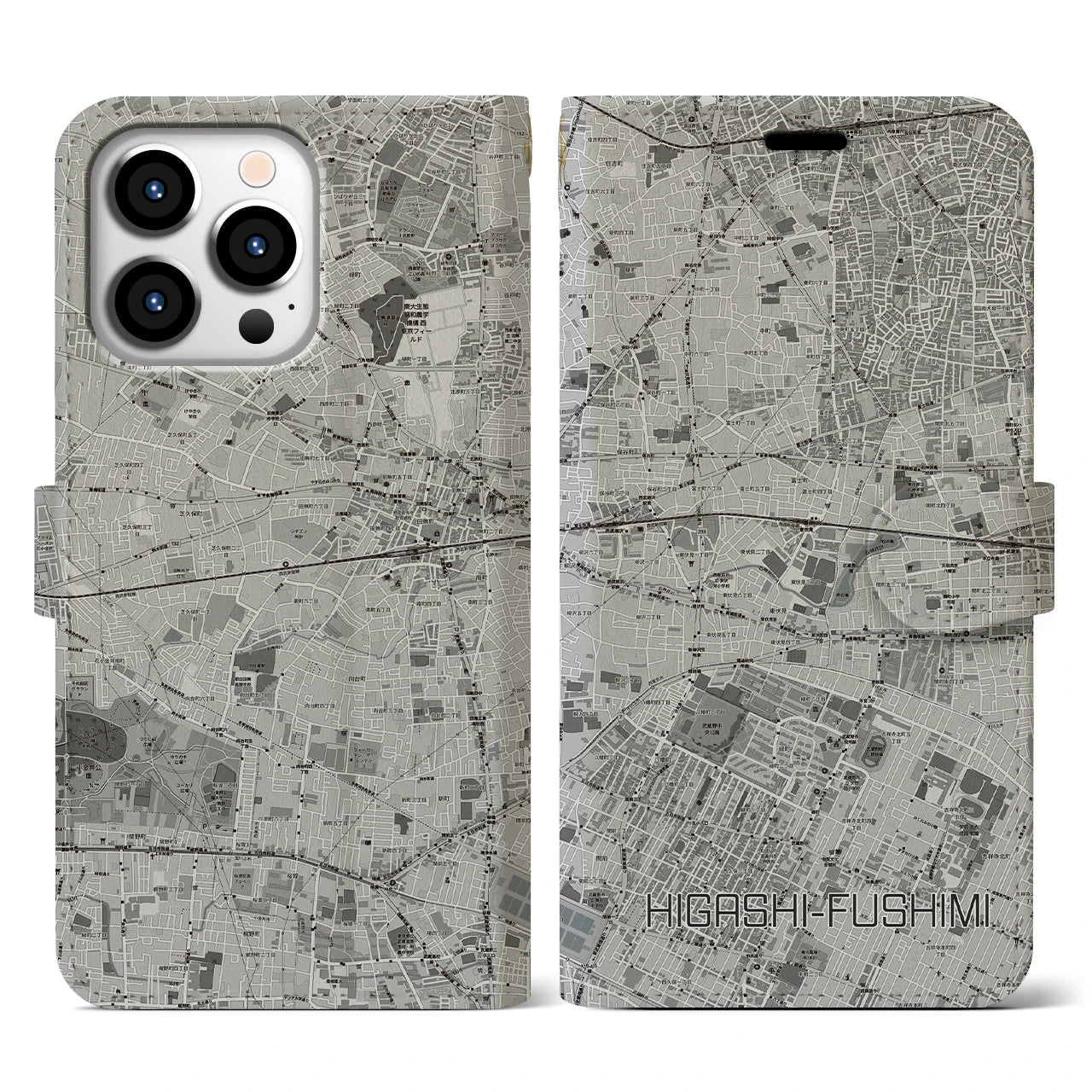 【東伏見(東京都)】地図柄iPhoneケース(手帳タイプ)モノトーン・iPhone 13 Pro 用