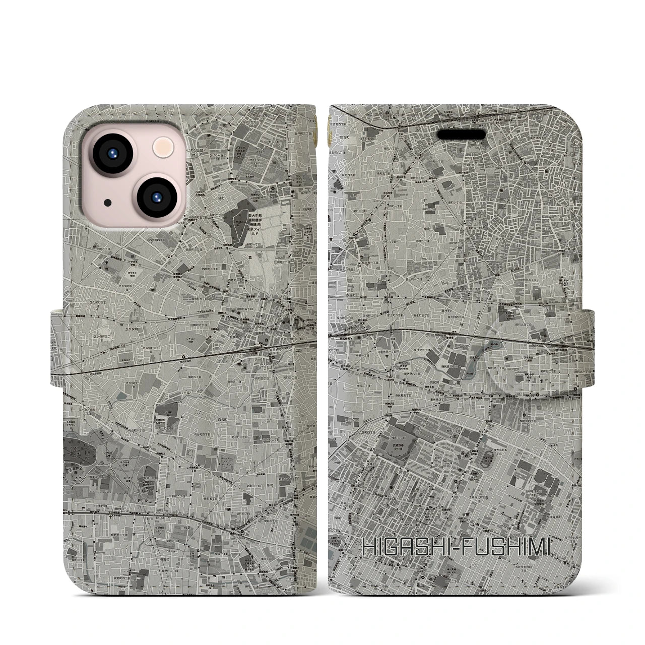 【東伏見(東京都)】地図柄iPhoneケース(手帳タイプ)モノトーン・iPhone 13 mini 用