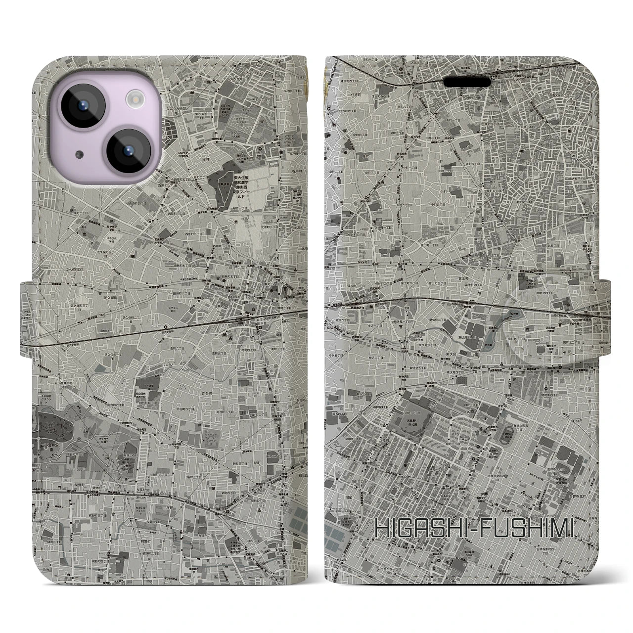 【東伏見(東京都)】地図柄iPhoneケース(手帳タイプ)モノトーン・iPhone 14 用