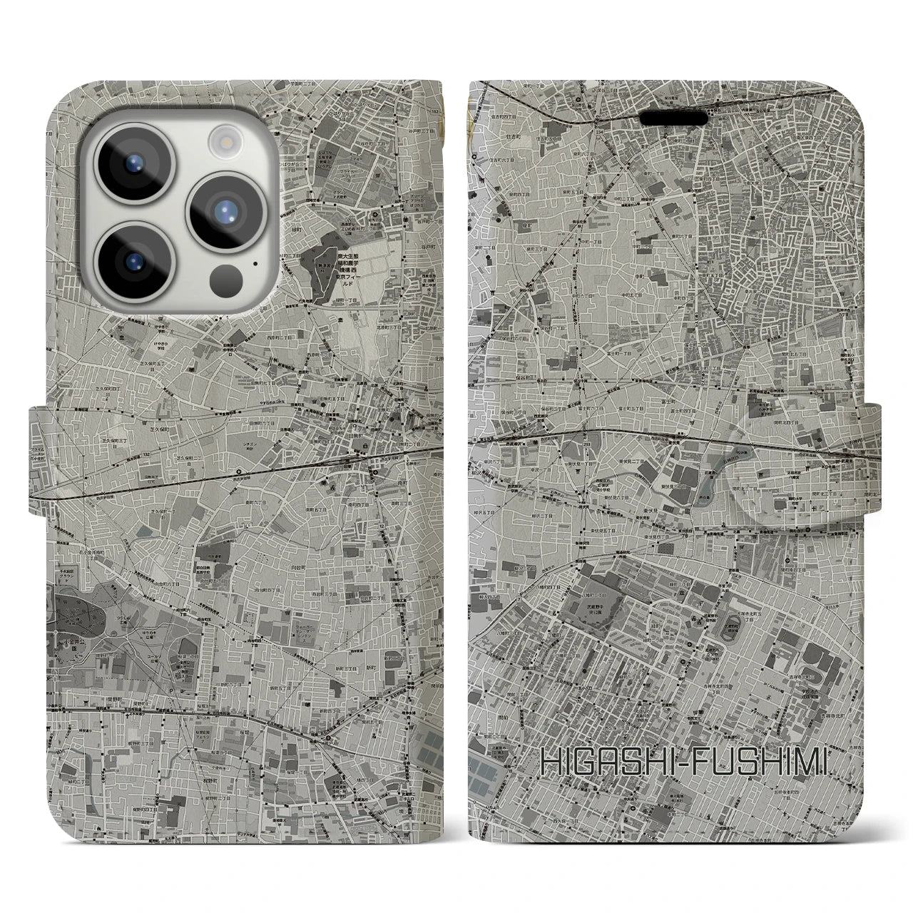 【東伏見(東京都)】地図柄iPhoneケース(手帳タイプ)モノトーン・iPhone 15 Pro 用