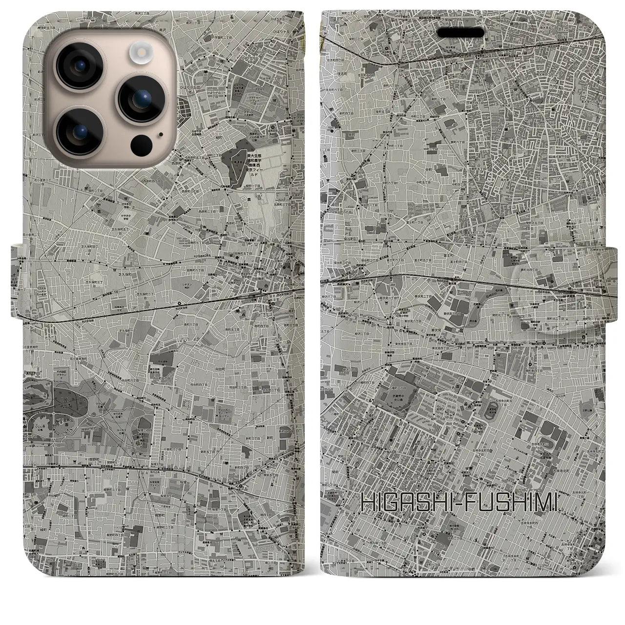 【東伏見(東京都)】地図柄iPhoneケース(手帳タイプ)モノトーン・iPhone 16 Plus 用