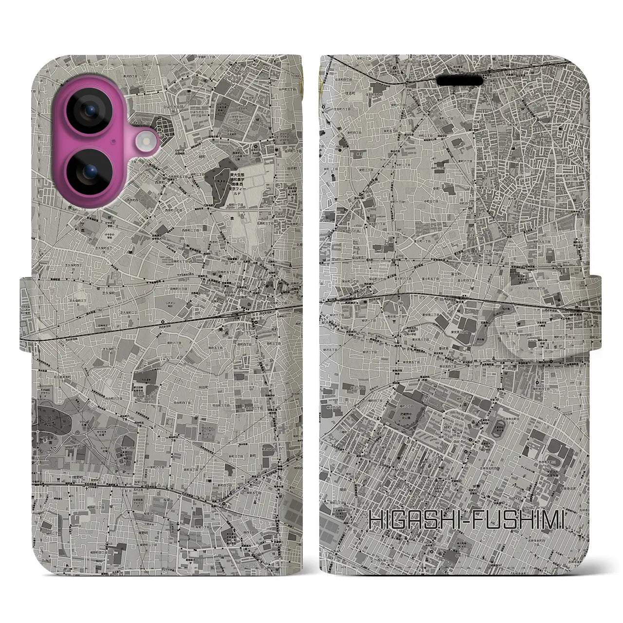 【東伏見(東京都)】地図柄iPhoneケース(手帳タイプ)モノトーン・iPhone 16 Pro 用