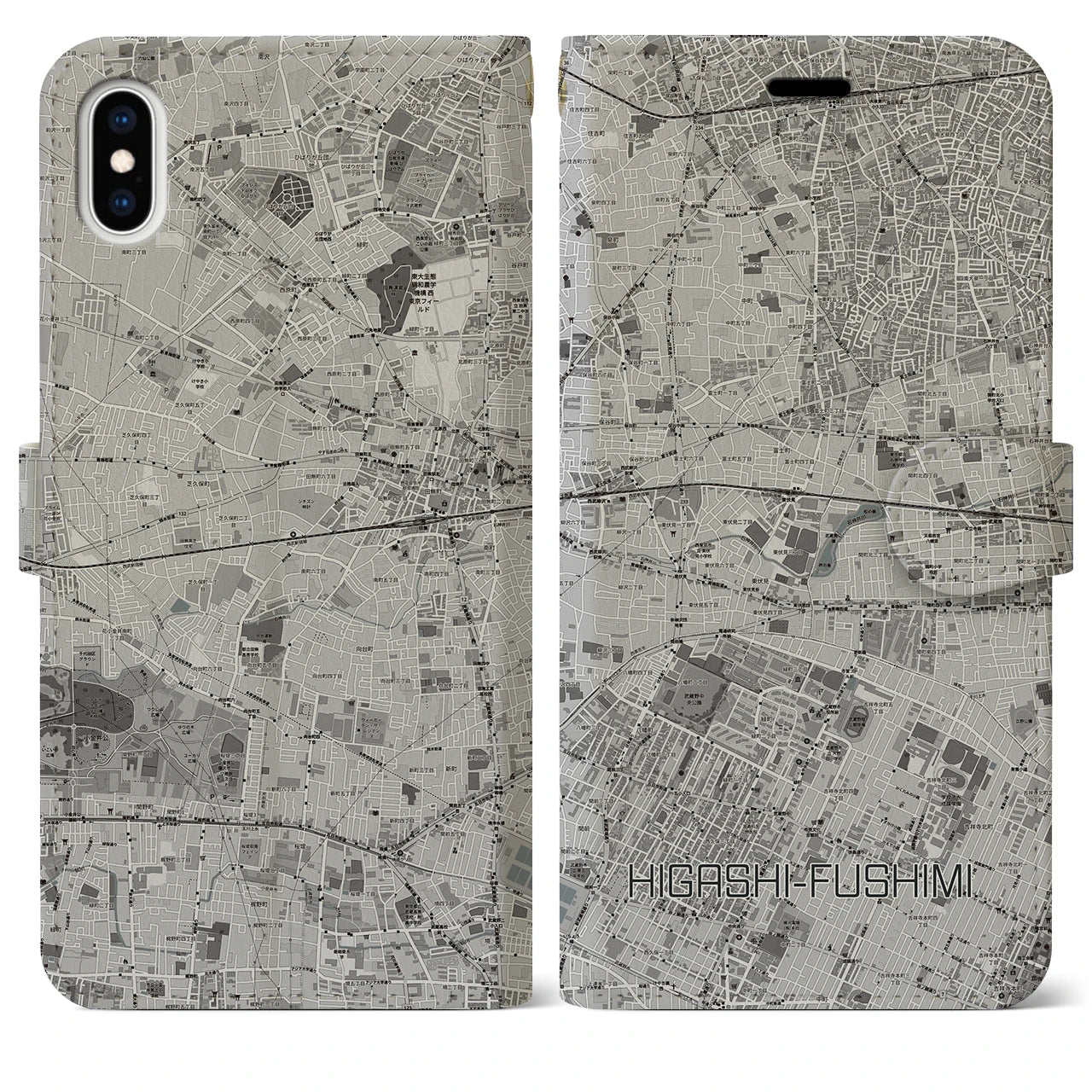 【東伏見(東京都)】地図柄iPhoneケース(手帳タイプ)モノトーン・iPhone XS Max 用