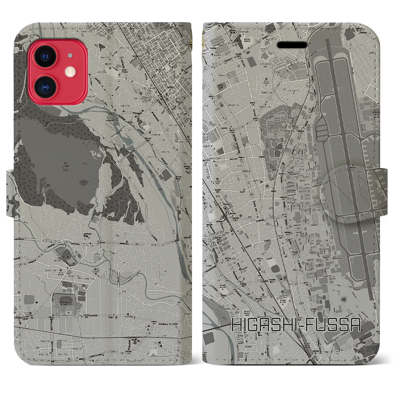 【東福生(東京都)】地図柄iPhoneケース(手帳タイプ)モノトーン・iPhone 11 用