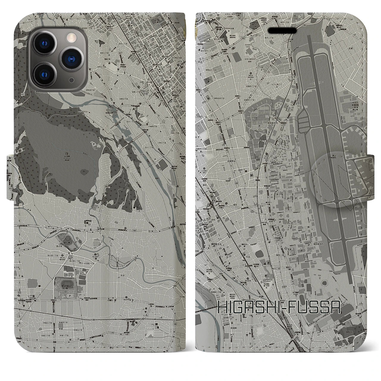 【東福生(東京都)】地図柄iPhoneケース(手帳タイプ)モノトーン・iPhone 11 Pro Max 用