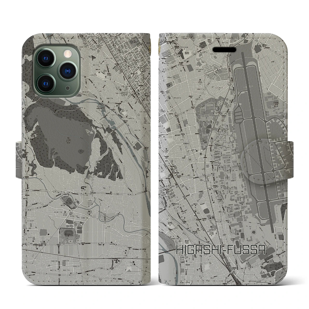【東福生(東京都)】地図柄iPhoneケース(手帳タイプ)モノトーン・iPhone 11 Pro 用