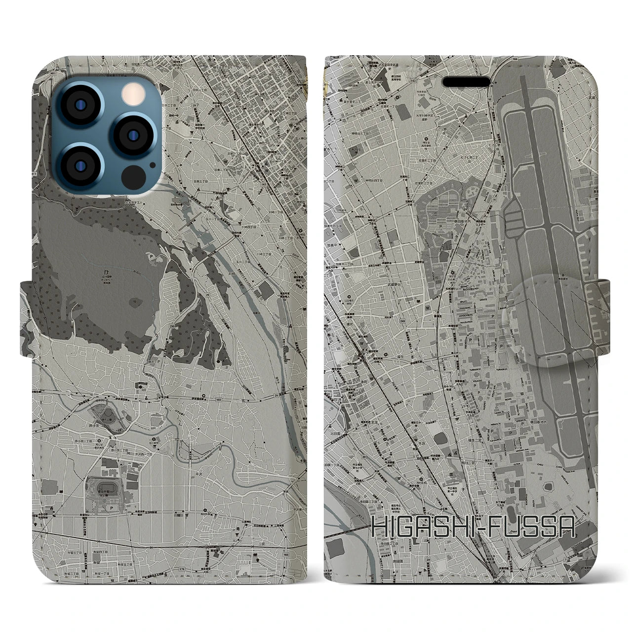 【東福生(東京都)】地図柄iPhoneケース(手帳タイプ)モノトーン・iPhone 12 / 12 Pro 用