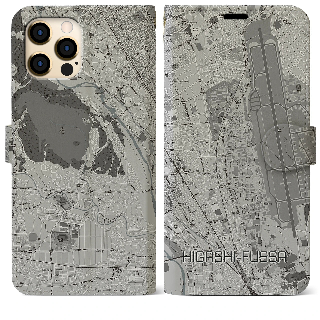 【東福生(東京都)】地図柄iPhoneケース(手帳タイプ)モノトーン・iPhone 12 Pro Max 用