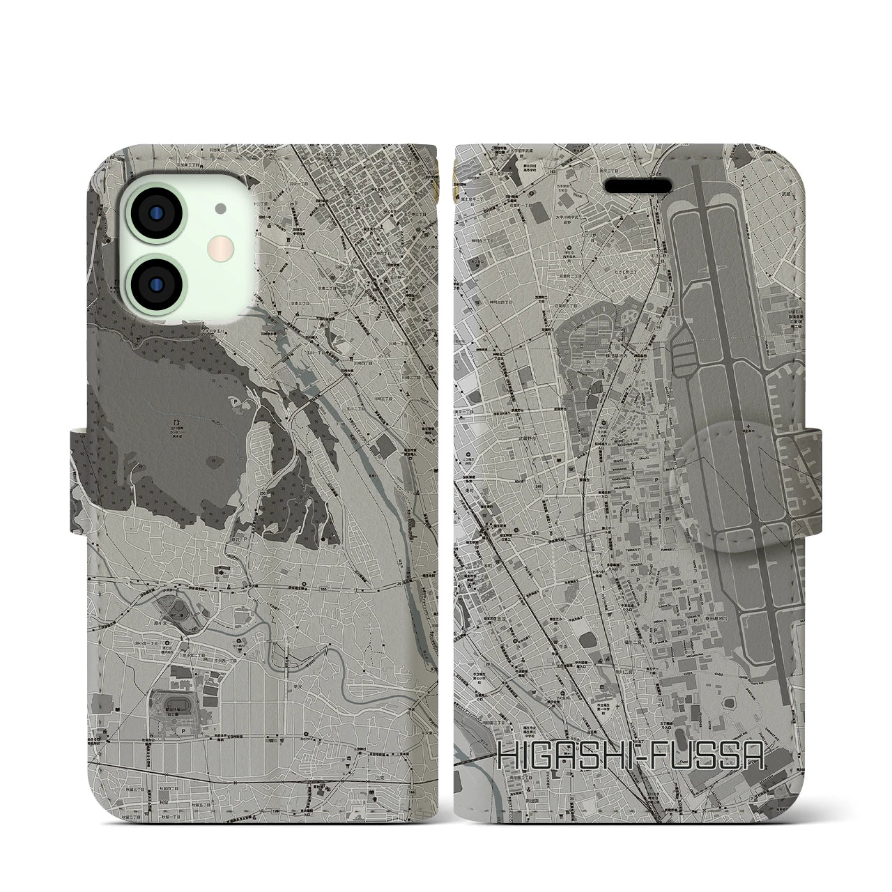 【東福生(東京都)】地図柄iPhoneケース(手帳タイプ)モノトーン・iPhone 12 mini 用