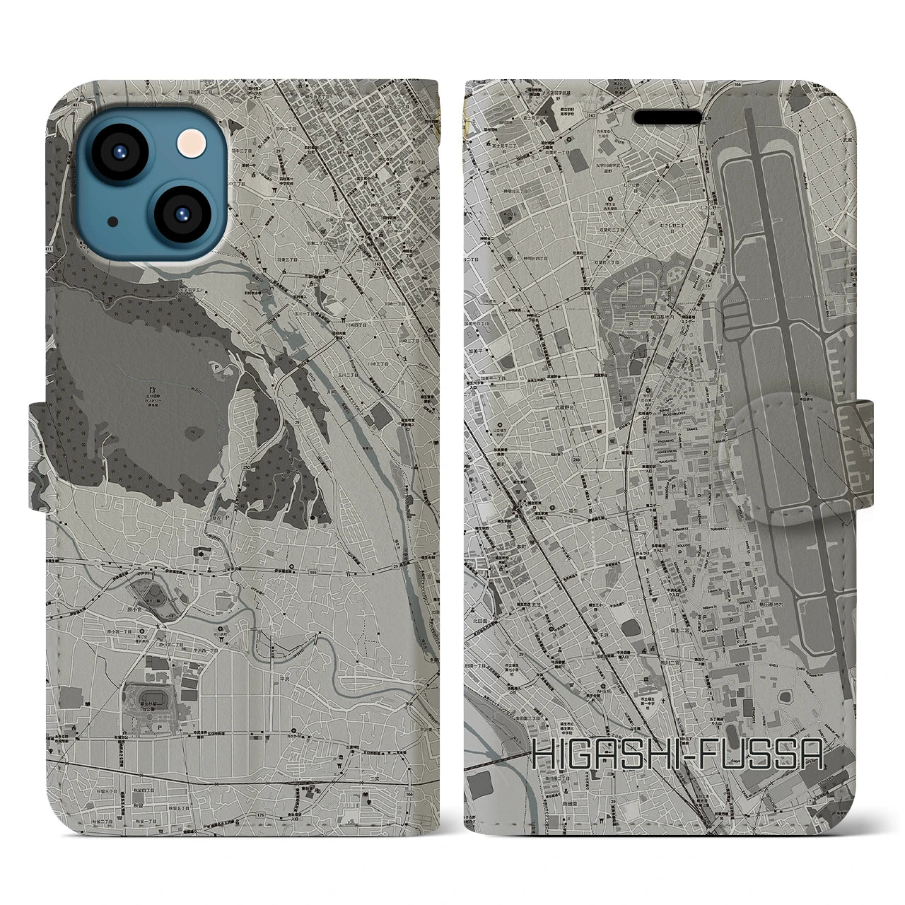 【東福生(東京都)】地図柄iPhoneケース(手帳タイプ)モノトーン・iPhone 13 用