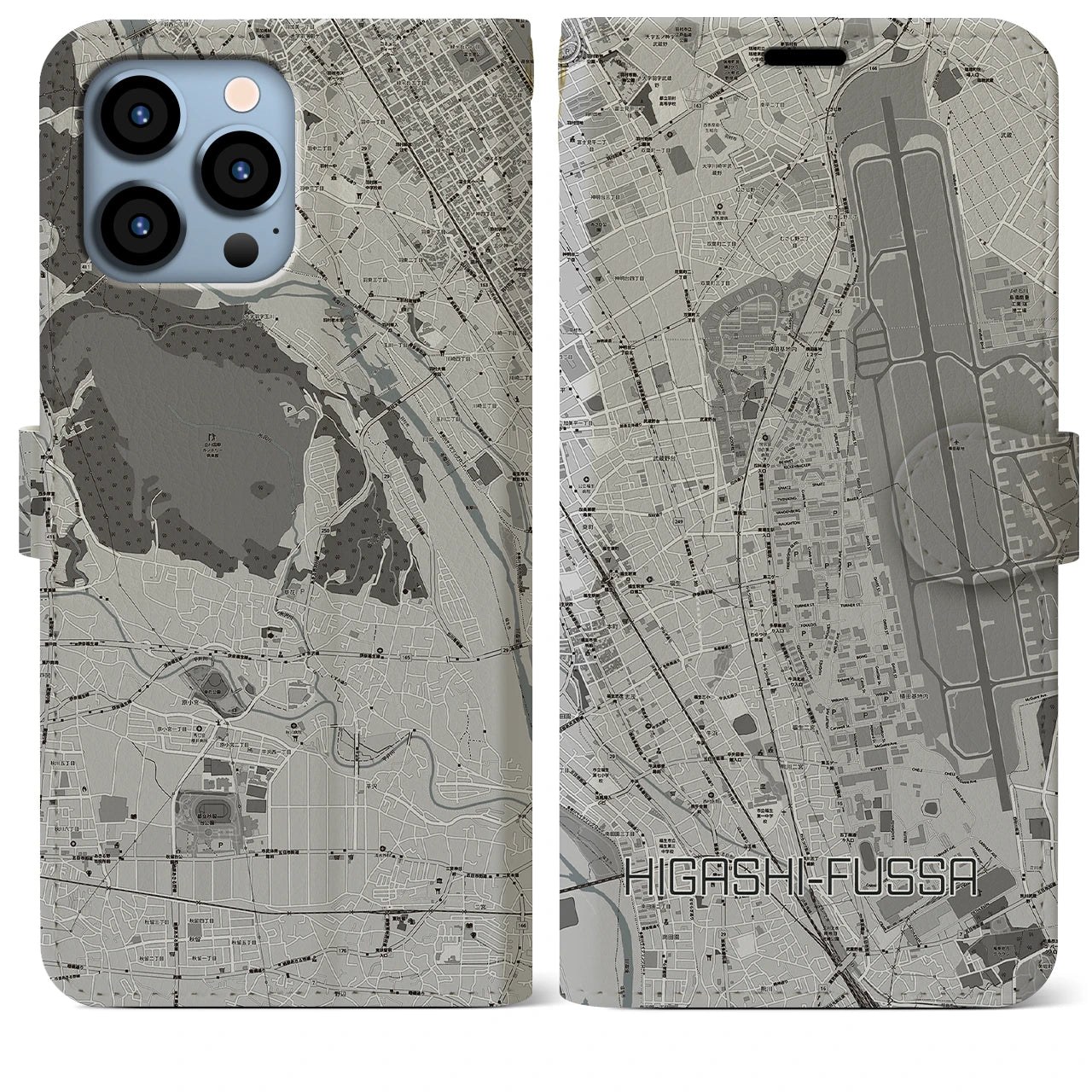 【東福生(東京都)】地図柄iPhoneケース(手帳タイプ)モノトーン・iPhone 13 Pro Max 用