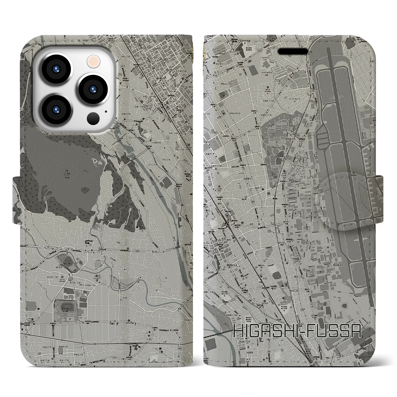 【東福生(東京都)】地図柄iPhoneケース(手帳タイプ)モノトーン・iPhone 13 Pro 用