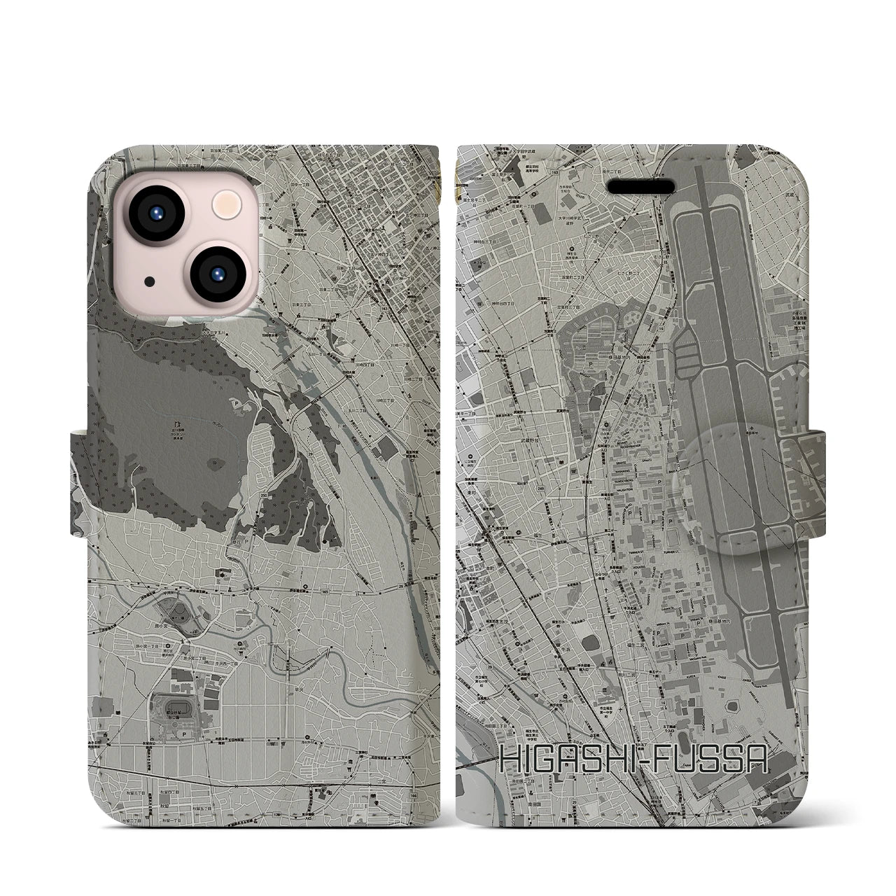 【東福生(東京都)】地図柄iPhoneケース(手帳タイプ)モノトーン・iPhone 13 mini 用