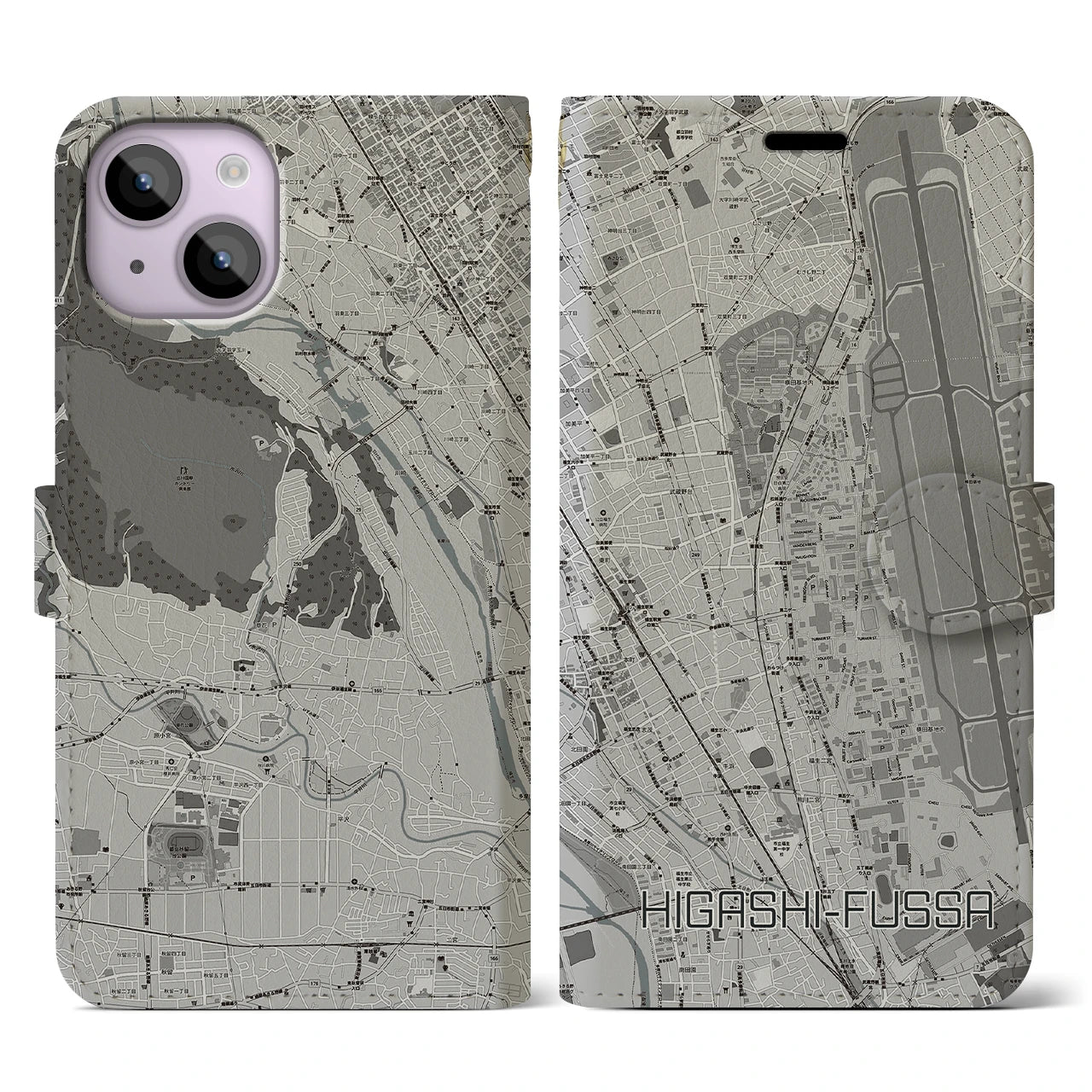 【東福生(東京都)】地図柄iPhoneケース(手帳タイプ)モノトーン・iPhone 14 用