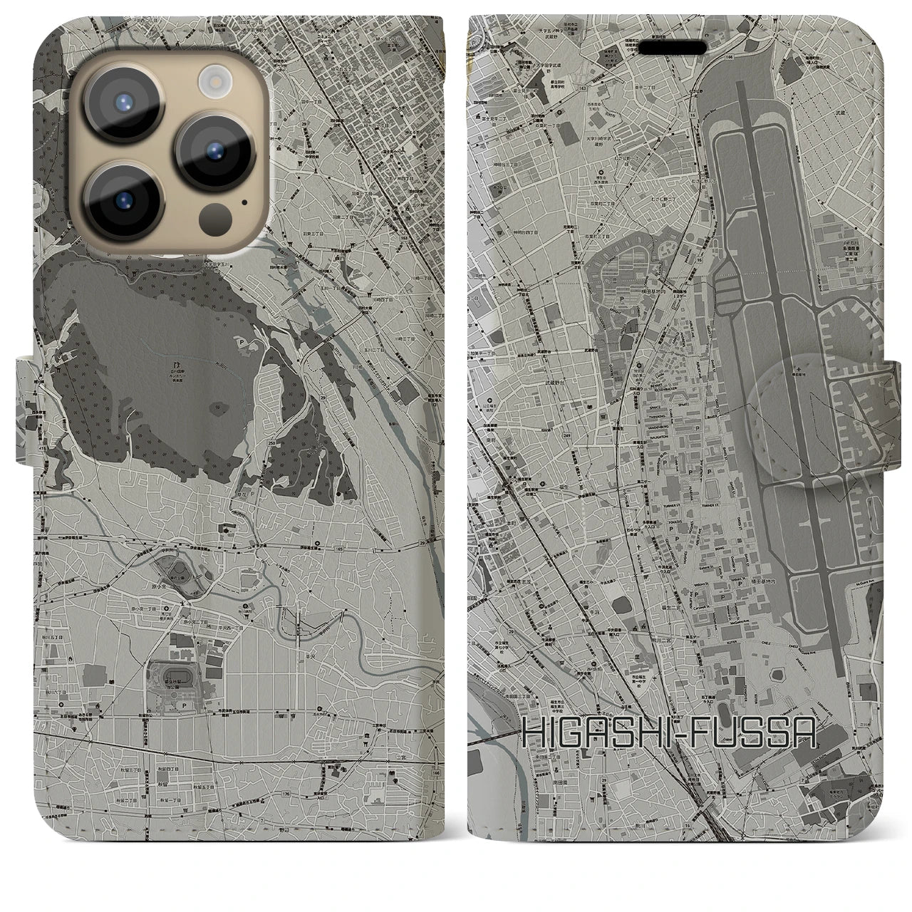 【東福生(東京都)】地図柄iPhoneケース(手帳タイプ)モノトーン・iPhone 14 Pro Max 用