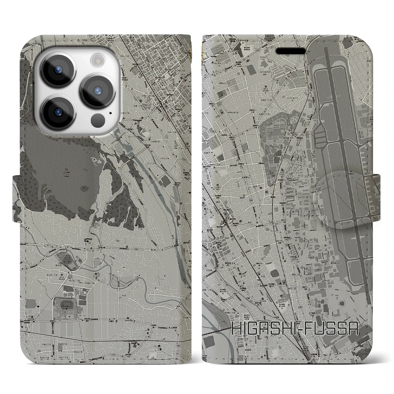 【東福生(東京都)】地図柄iPhoneケース(手帳タイプ)モノトーン・iPhone 14 Pro 用