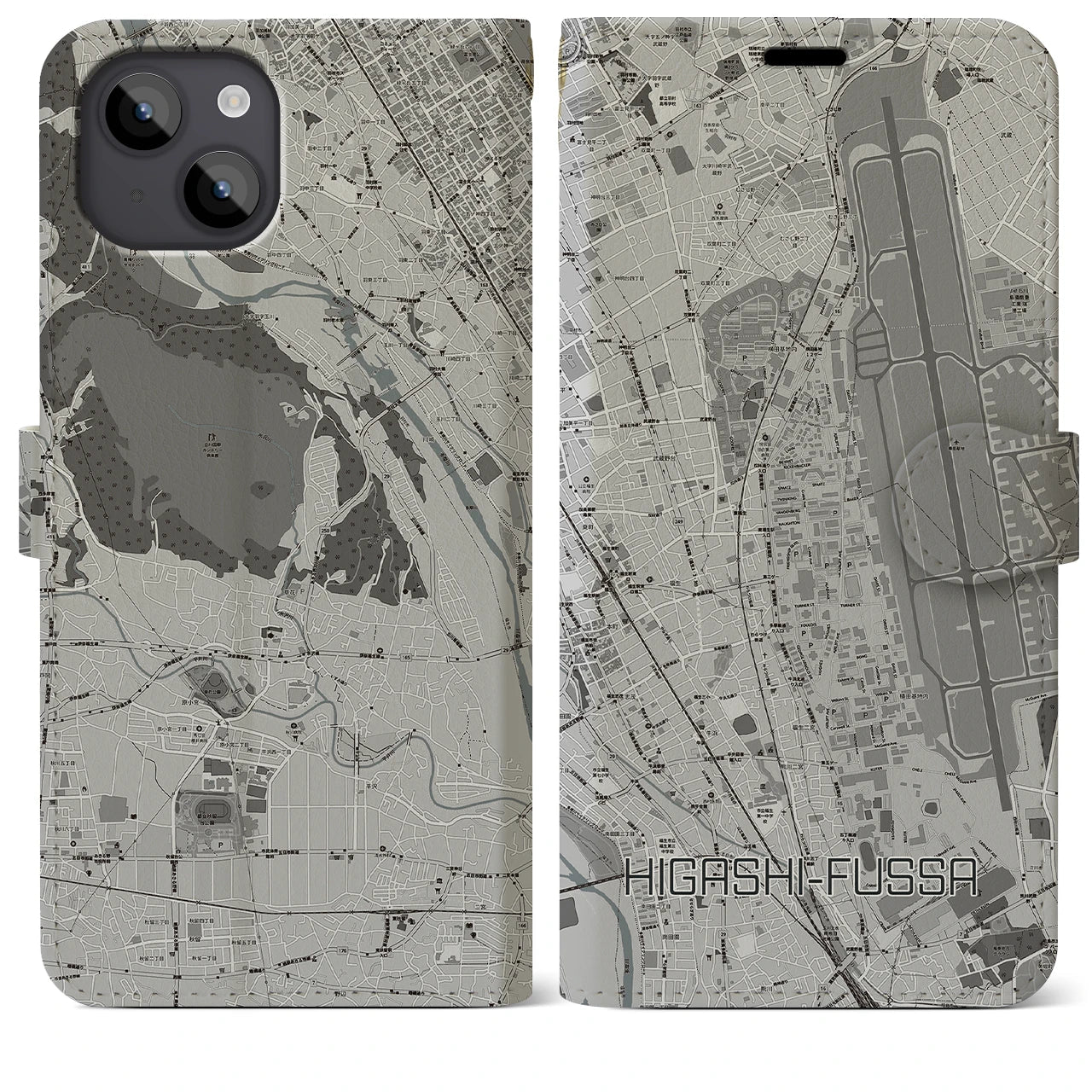 【東福生(東京都)】地図柄iPhoneケース(手帳タイプ)モノトーン・iPhone 14 Plus 用