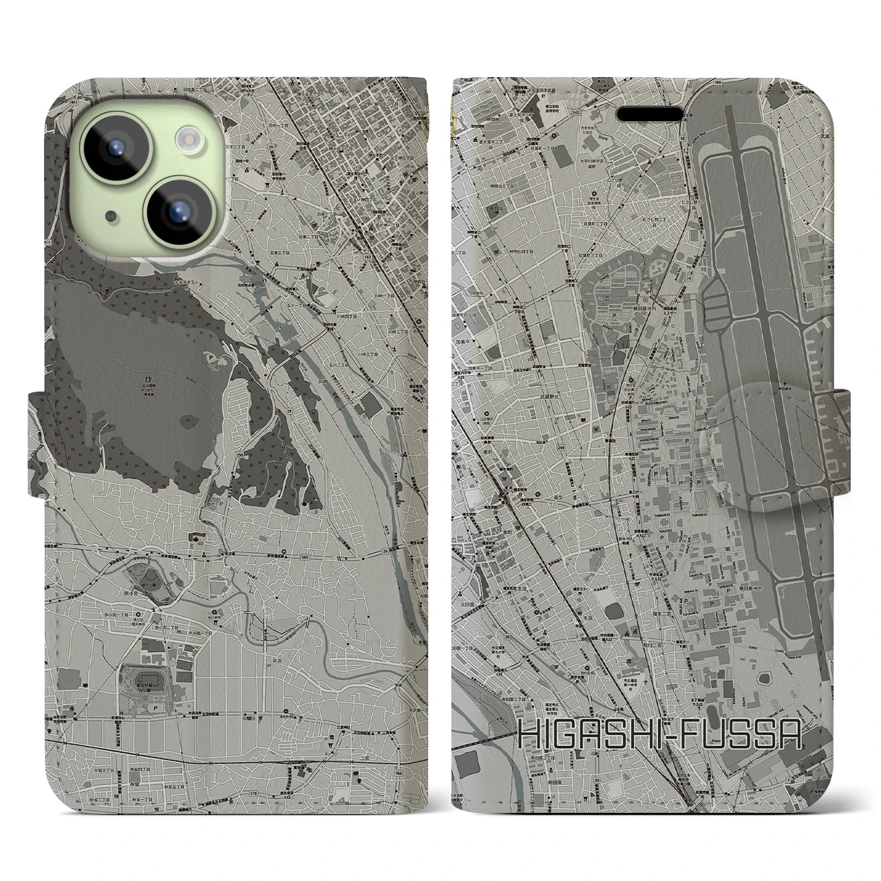 【東福生(東京都)】地図柄iPhoneケース(手帳タイプ)モノトーン・iPhone 15 用