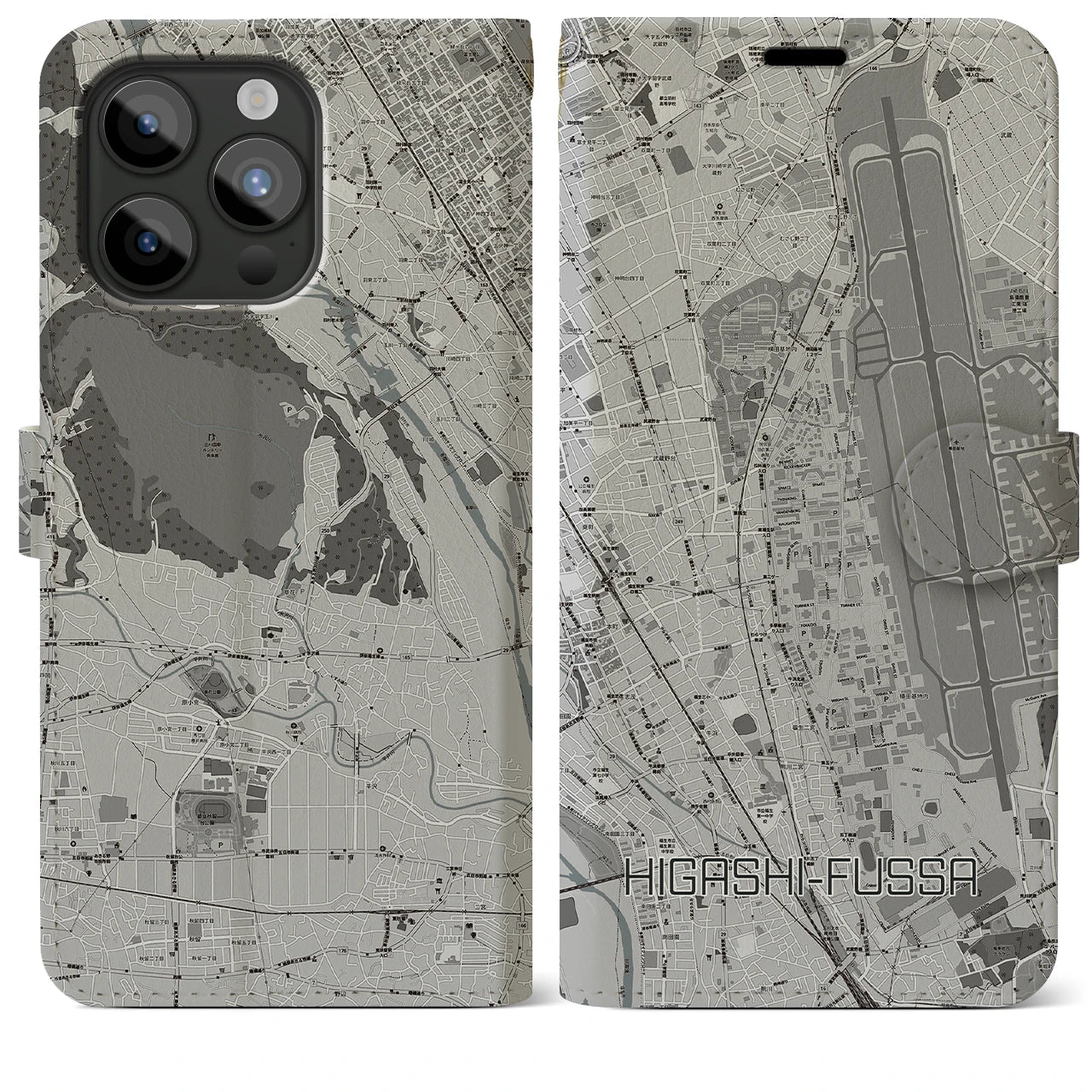 【東福生(東京都)】地図柄iPhoneケース(手帳タイプ)モノトーン・iPhone 15 Pro Max 用