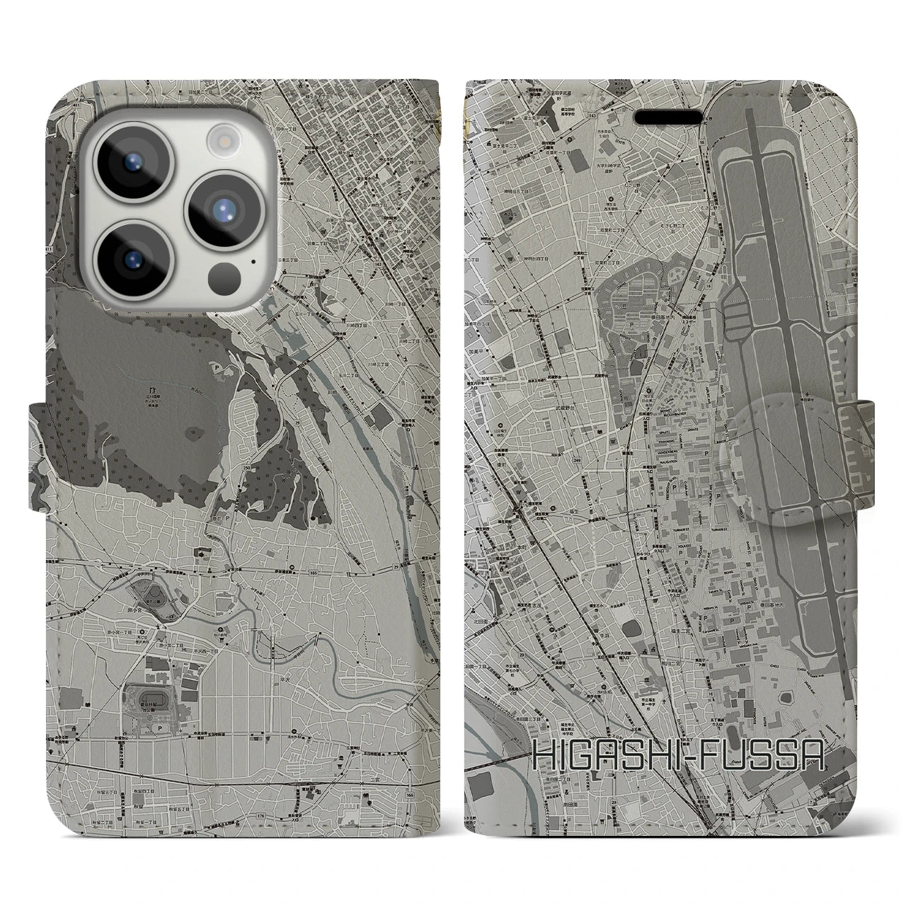 【東福生(東京都)】地図柄iPhoneケース(手帳タイプ)モノトーン・iPhone 15 Pro 用