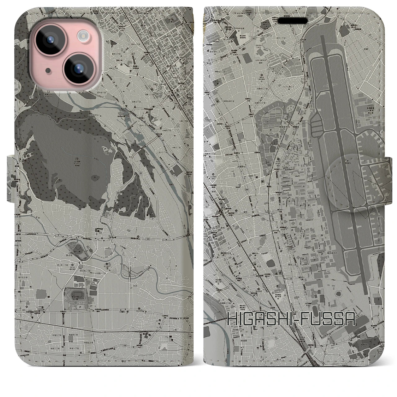 【東福生(東京都)】地図柄iPhoneケース(手帳タイプ)モノトーン・iPhone 15 Plus 用