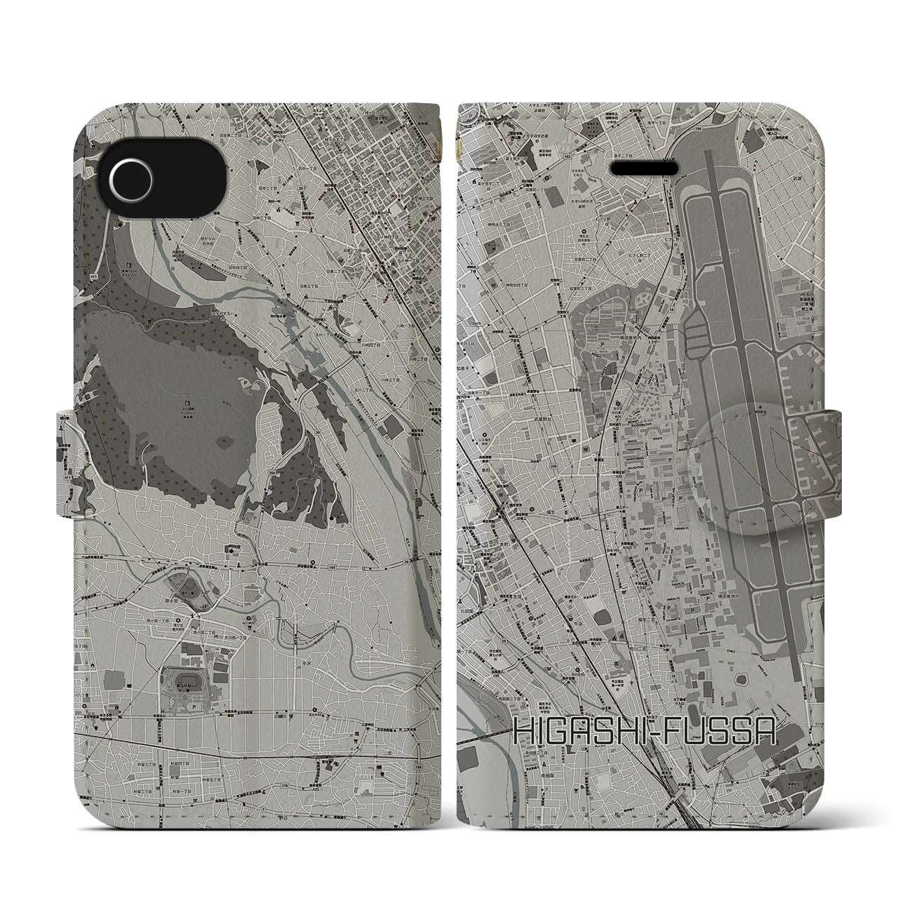 【東福生(東京都)】地図柄iPhoneケース(手帳タイプ)モノトーン・iPhone SE(第3 / 第2世代) / 8 / 7 / 6s / 6 用