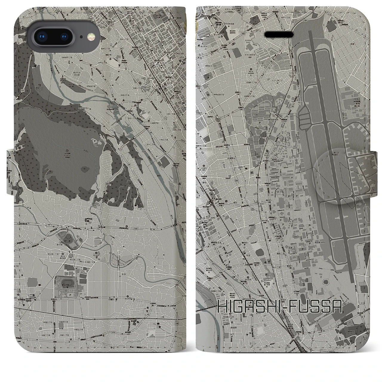 【東福生(東京都)】地図柄iPhoneケース(手帳タイプ)モノトーン・iPhone 8Plus /7Plus / 6sPlus / 6Plus 用