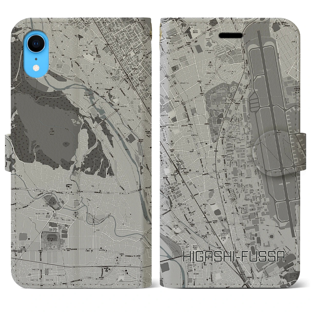 【東福生(東京都)】地図柄iPhoneケース(手帳タイプ)モノトーン・iPhone XR 用