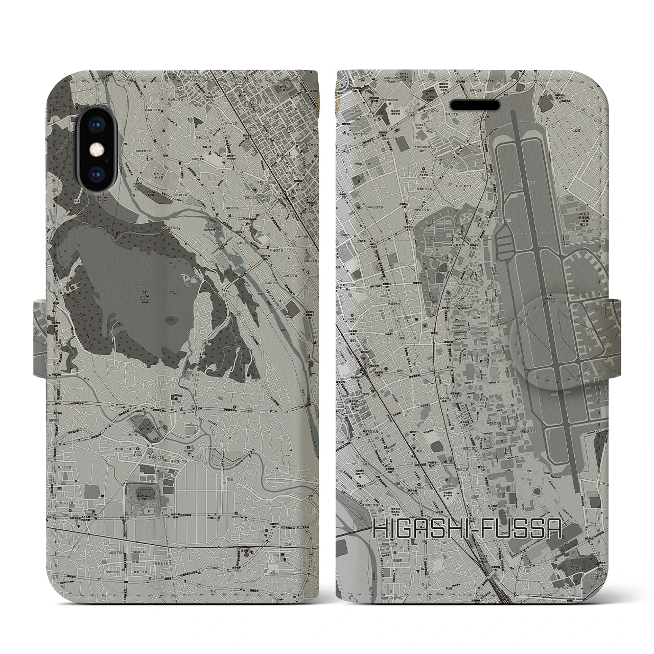 【東福生(東京都)】地図柄iPhoneケース(手帳タイプ)モノトーン・iPhone XS / X 用