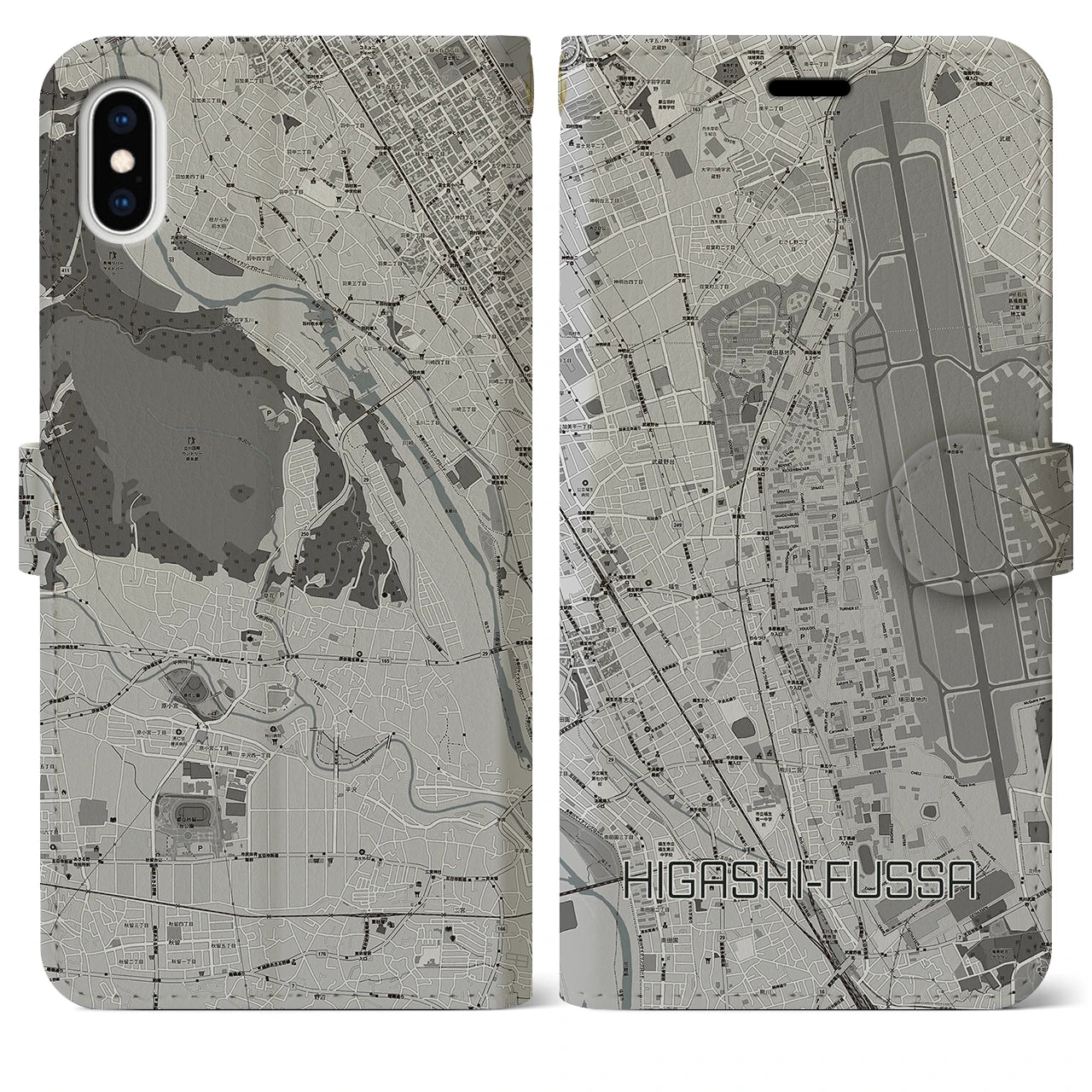 【東福生(東京都)】地図柄iPhoneケース(手帳タイプ)モノトーン・iPhone XS Max 用