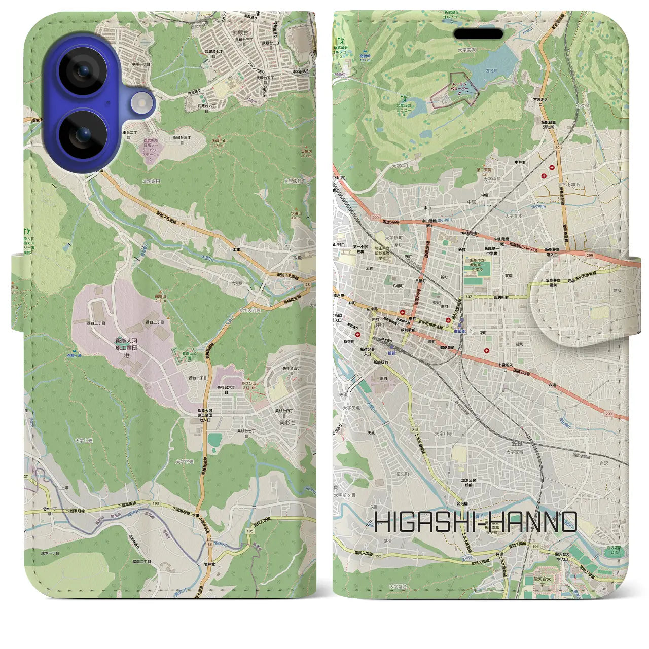 【東飯能(埼玉県)】地図柄iPhoneケース(手帳タイプ)モノトーン・iPhone 16 Pro Max 用
