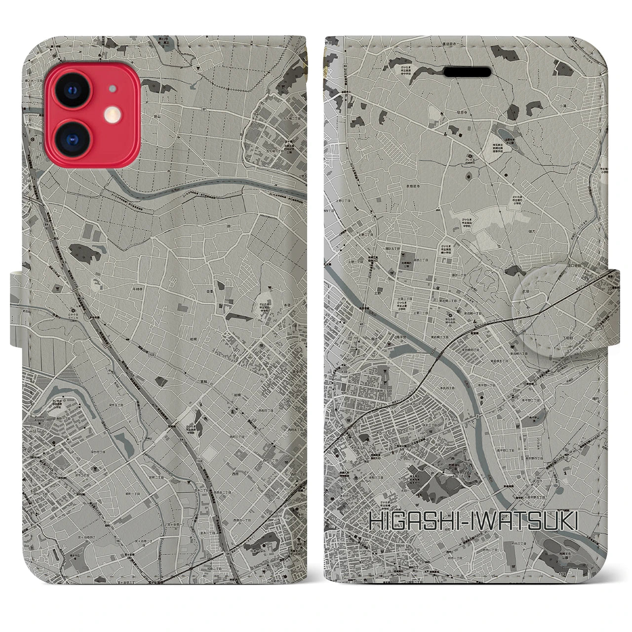 【東岩槻(埼玉県)】地図柄iPhoneケース(手帳タイプ)モノトーン・iPhone 11 用