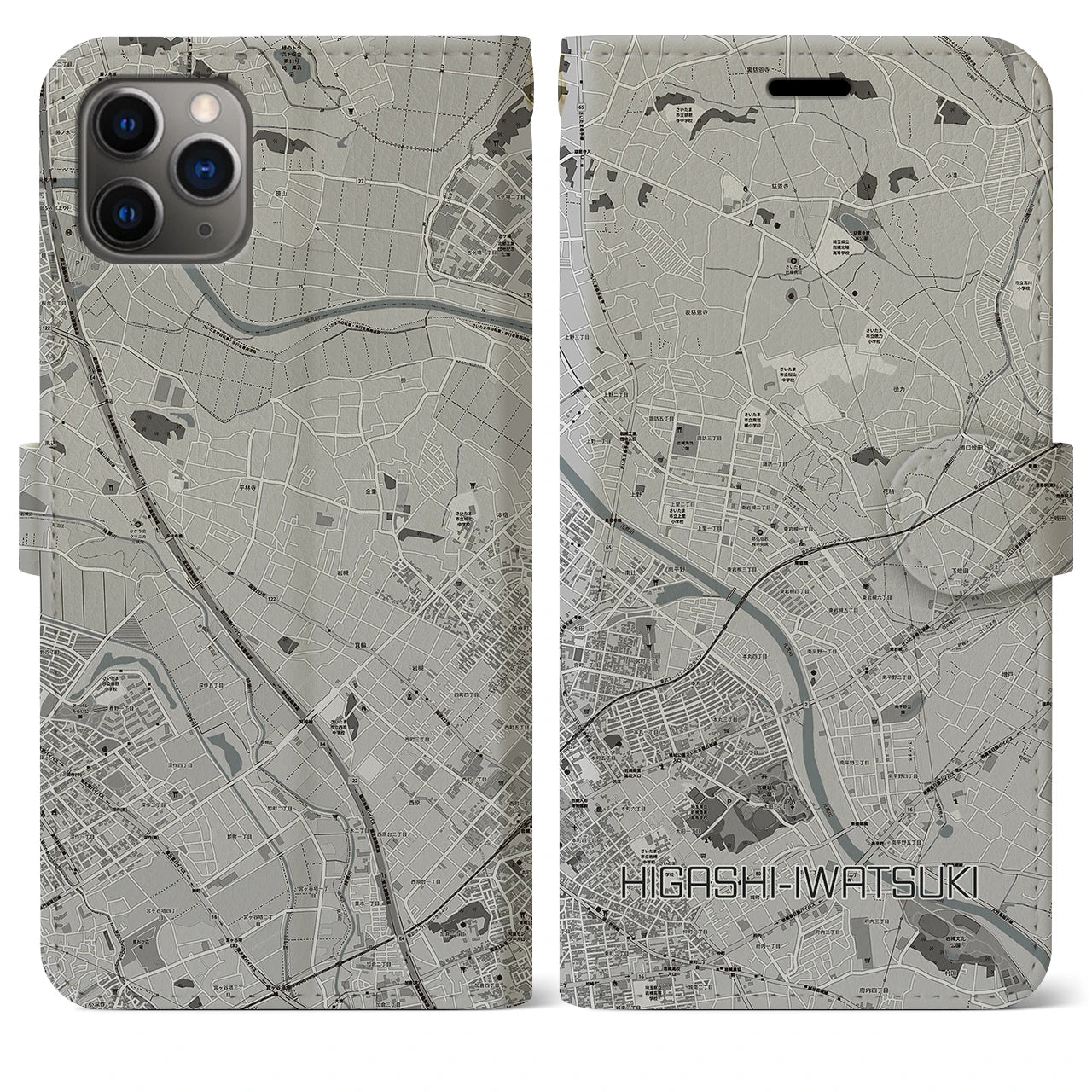 【東岩槻(埼玉県)】地図柄iPhoneケース(手帳タイプ)モノトーン・iPhone 11 Pro Max 用
