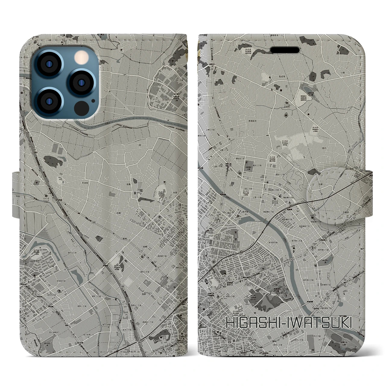 【東岩槻(埼玉県)】地図柄iPhoneケース(手帳タイプ)モノトーン・iPhone 12 / 12 Pro 用