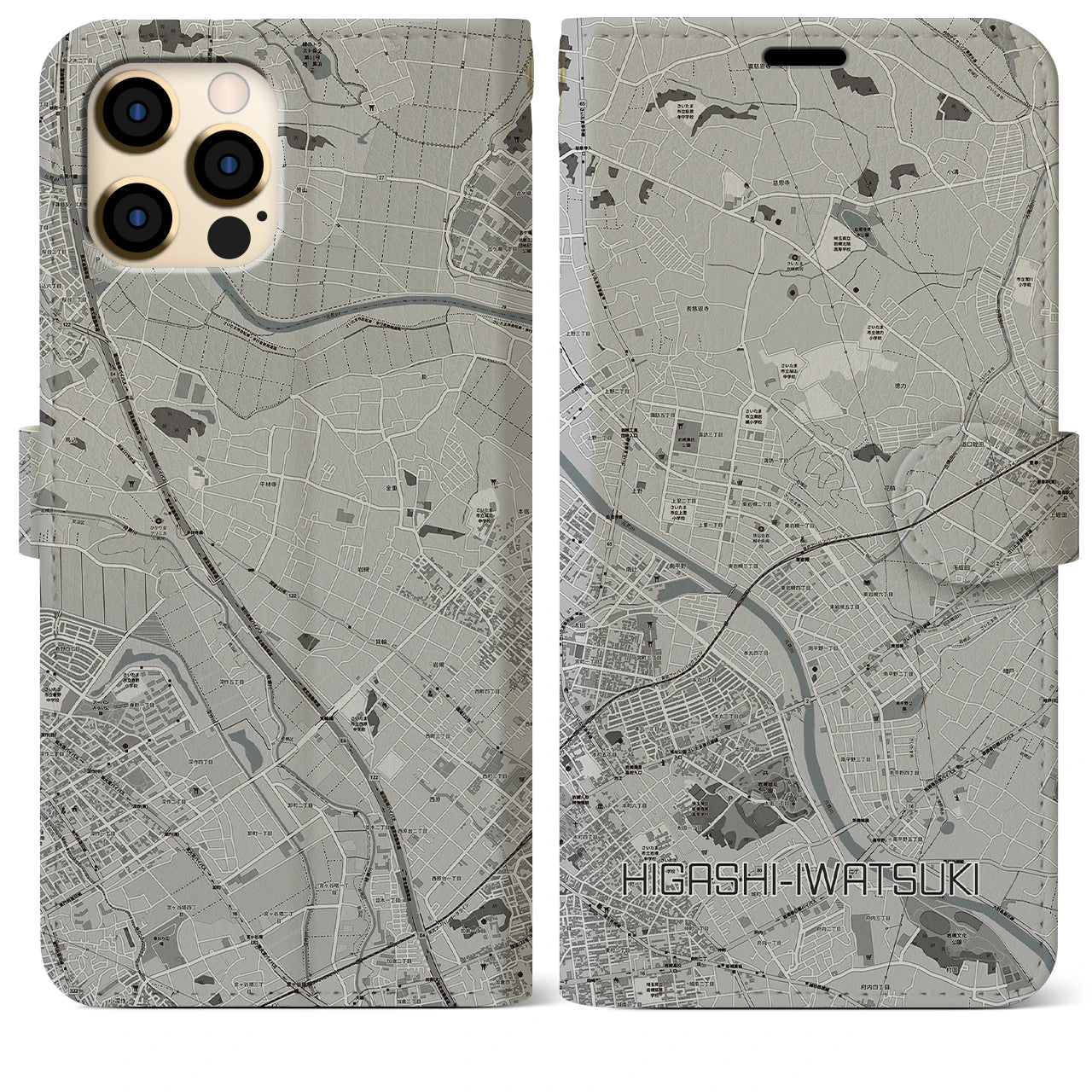 【東岩槻(埼玉県)】地図柄iPhoneケース(手帳タイプ)モノトーン・iPhone 12 Pro Max 用