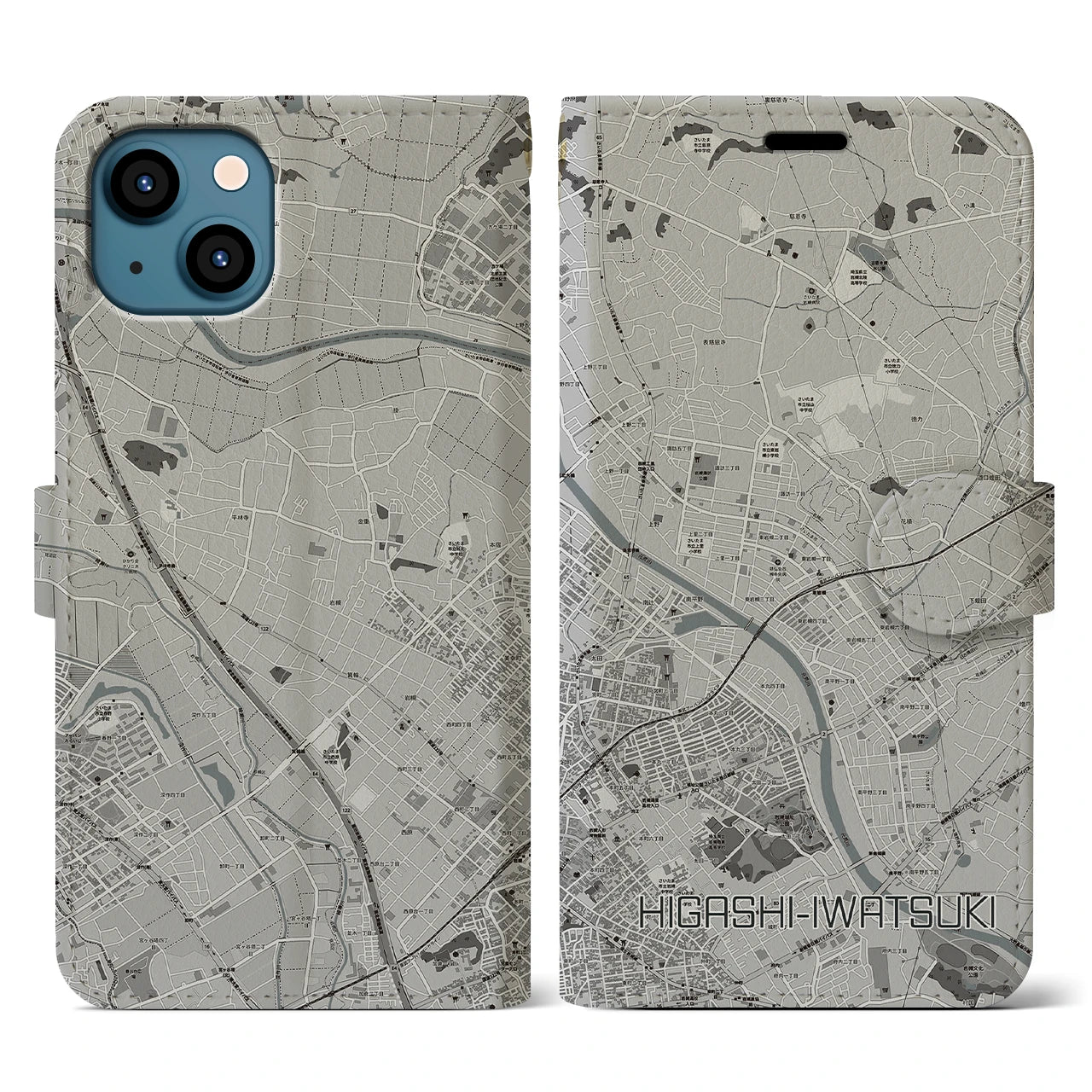 【東岩槻(埼玉県)】地図柄iPhoneケース(手帳タイプ)モノトーン・iPhone 13 用