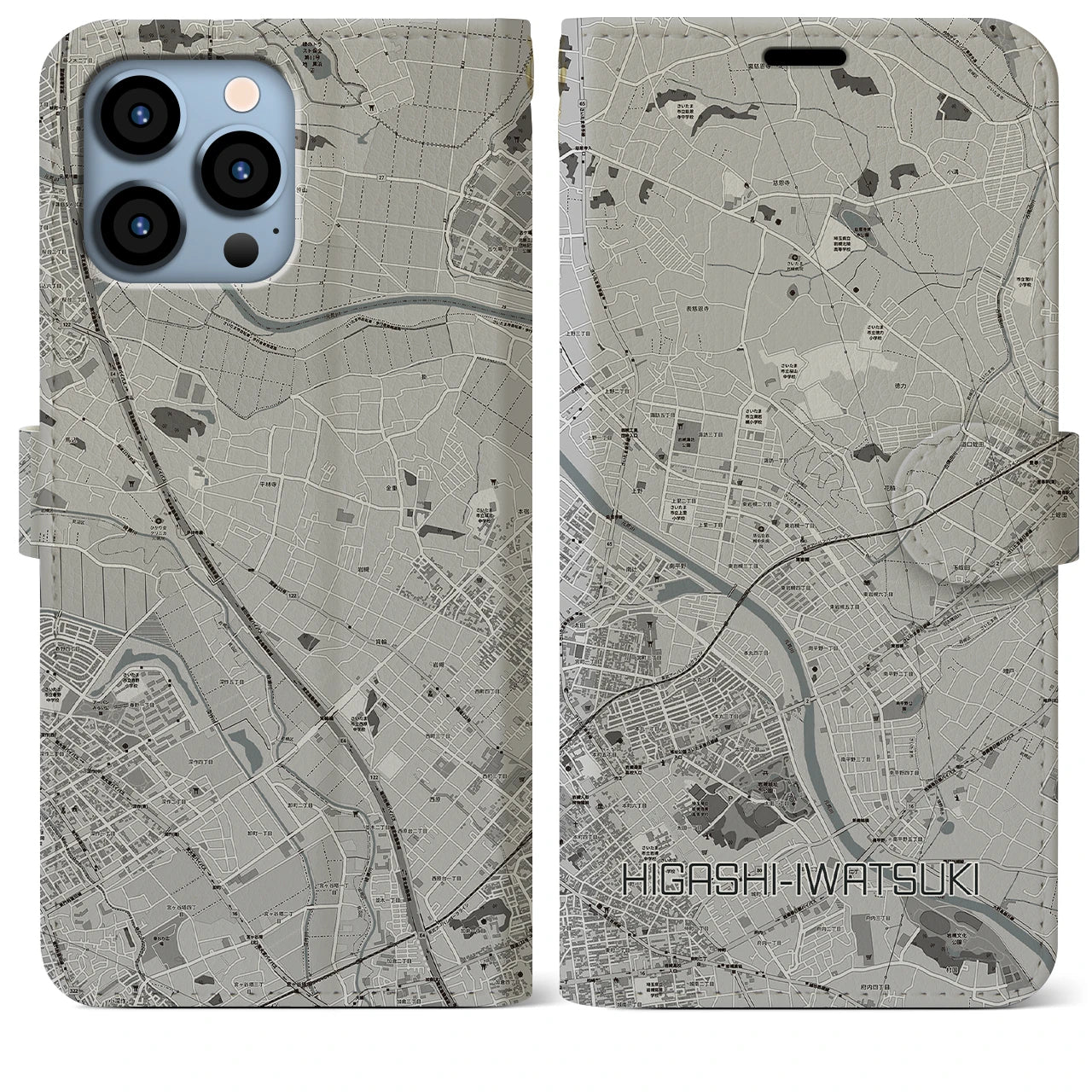 【東岩槻(埼玉県)】地図柄iPhoneケース(手帳タイプ)モノトーン・iPhone 13 Pro Max 用