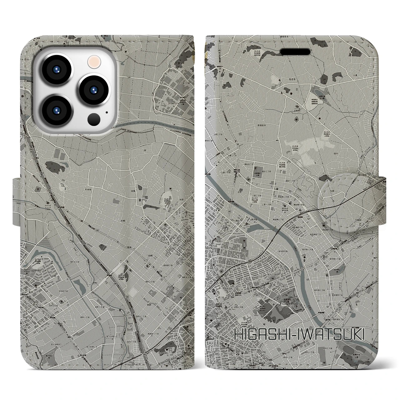【東岩槻(埼玉県)】地図柄iPhoneケース(手帳タイプ)モノトーン・iPhone 13 Pro 用