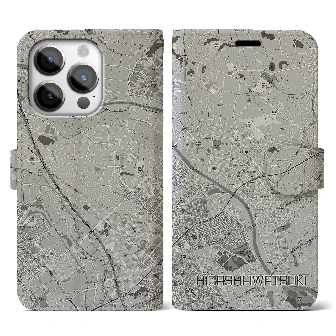 【東岩槻(埼玉県)】地図柄iPhoneケース(手帳タイプ)モノトーン・iPhone 14 Pro 用